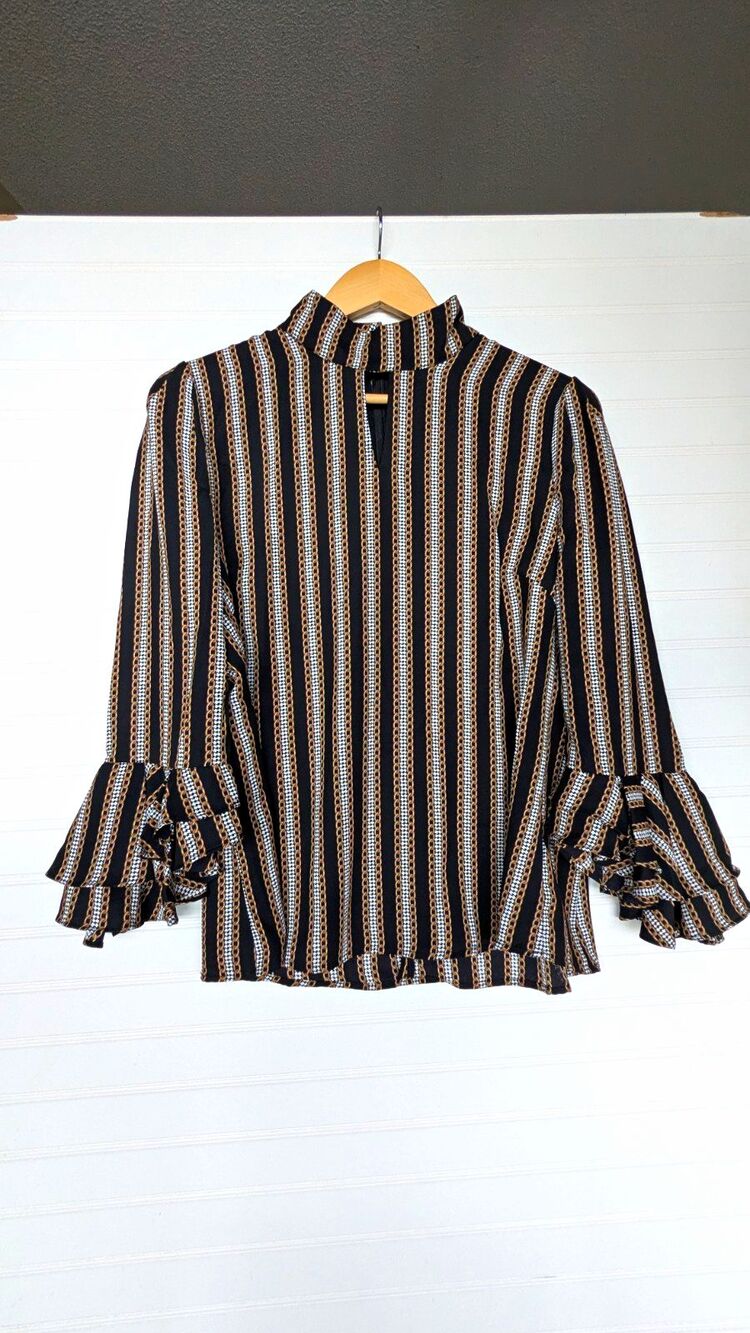 Gracia Mock  Keyhole Neck Striped Ruffle Bell Sleeve Chiffon Blouse Women's L